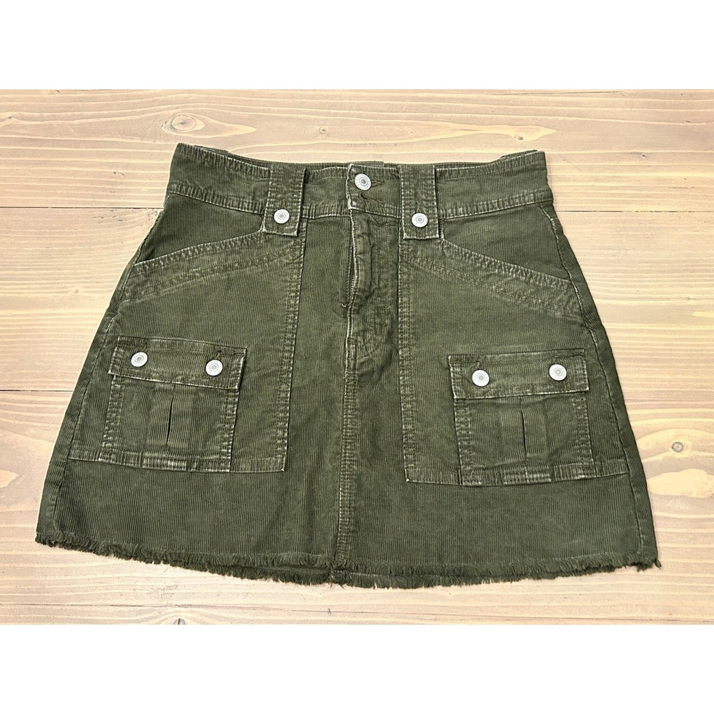 F43 American Eagle Corduroy Mini‎ Skirt Olive Green Utility Pockets Stretch Sz 2